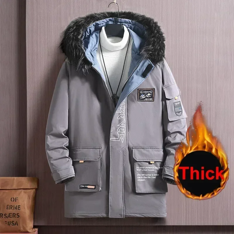 Chaqueta de forro polar con capucha para hombre, Parkas largas y cálidas con relleno, abrigo con cuello de piel de 150kg, prendas de vestir exteriores extra, talla grande 12XL, ropa de invierno