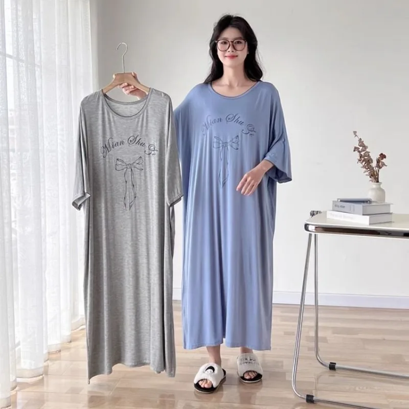 

150kg Plus Size Loose Casual Long T-Shirt Dress Women's Short Sleeve Oversized Pajamas Bow Print Loungewear Home Clothes Outfit