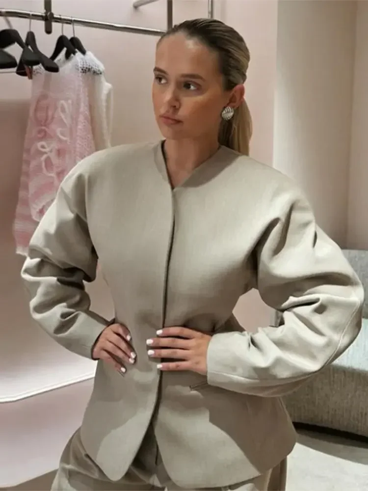 

Women's Fashion Long Sleeve V Neck Suit Jacket Office Lady Wide Shoulder Blazer Coat Autumn Female High Street Outerwear