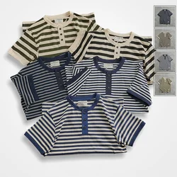 Summer American Retro Short Sleeve Henry Collar Striped T-shirt Men's Simple 100% Cotton Washed Heavyweight Loose Casual Tops