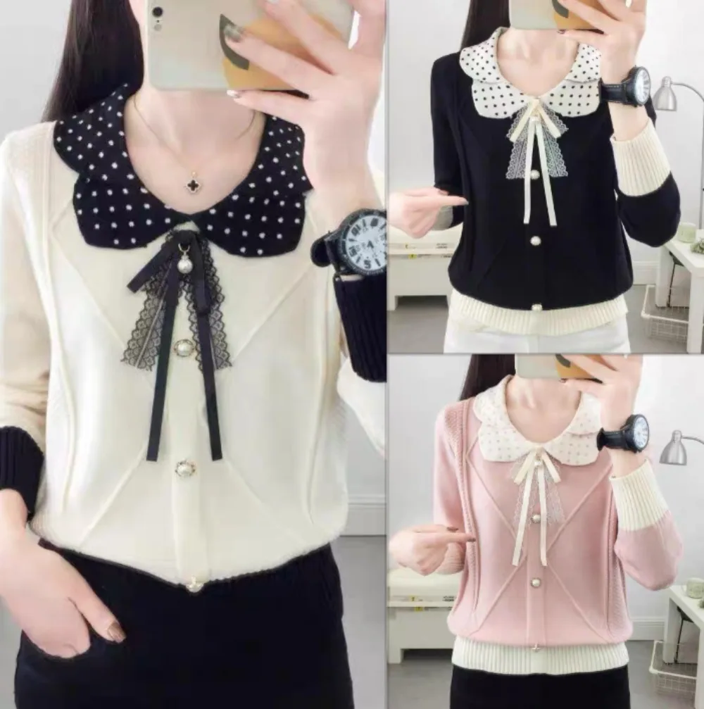 Maglione di fascia alta dopamina da donna colletto per bambola maculato fiocco dolce maglione pullover lavorato a maglia a maniche lunghe