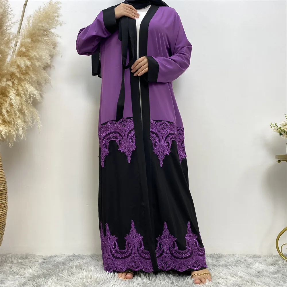 Fashion Muslim Dubai Women\'s Robes 2023 Muslim New fashion lace cut-out patchwork Cardigan Turkish Islamic Dress Long African dr