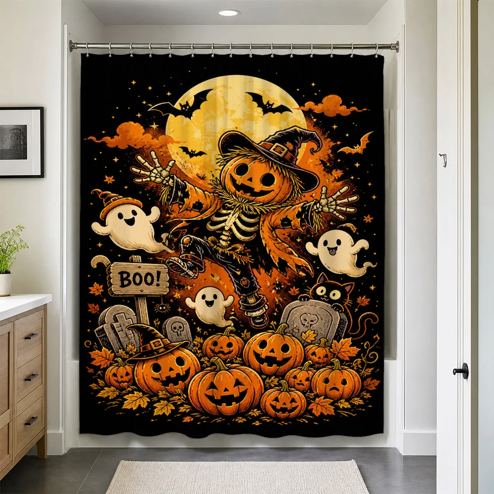 Waterproof Halloween Shower Curtain Bath Decor Spooky Pumpkin Skeleton Ghosts Scary Costume Party Home Decoration Accessory
