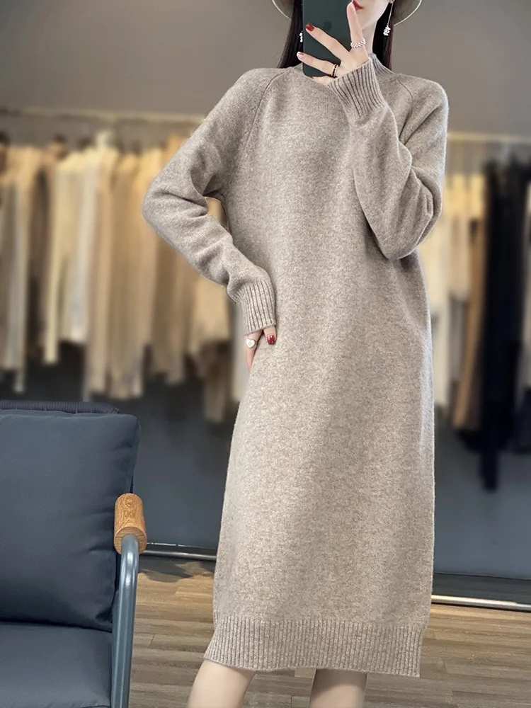 New Women Long Sweater Dress 100% Merino Wool Long Dress Autumn Winter Mock Neck Quality Cashmere Knitwear Basic Grace Dress