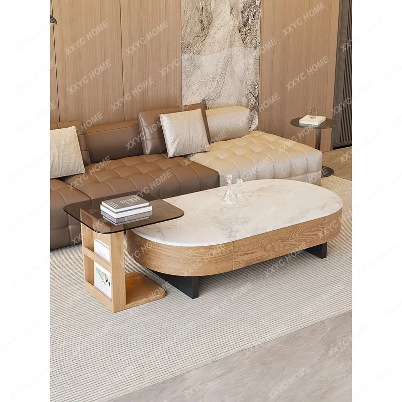 

L sand wind microcrystalline stone solid wood coffee table combination living room small apartment modern and simple