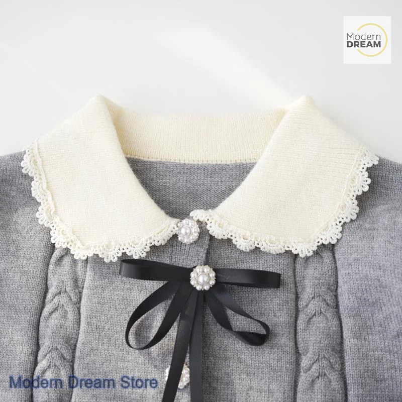 French style sweet and lovely gray sweater doll collar cardigan women's autumn and winter new long-sleeved lace bow casual top 3