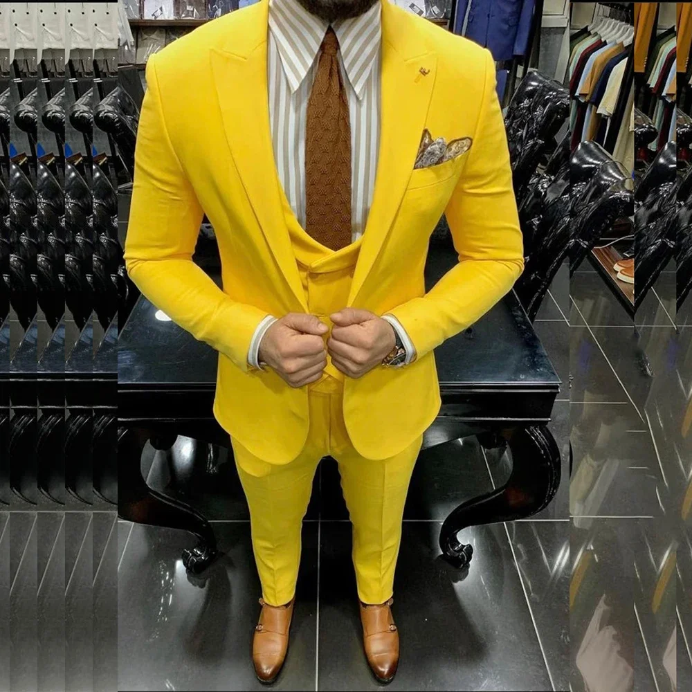 

Fashion Yellow Single Breasted Peaked Lapel Formal 3 Piece Jacket Pants Vest Casual Outfits Office Men's Suits Slim Fit