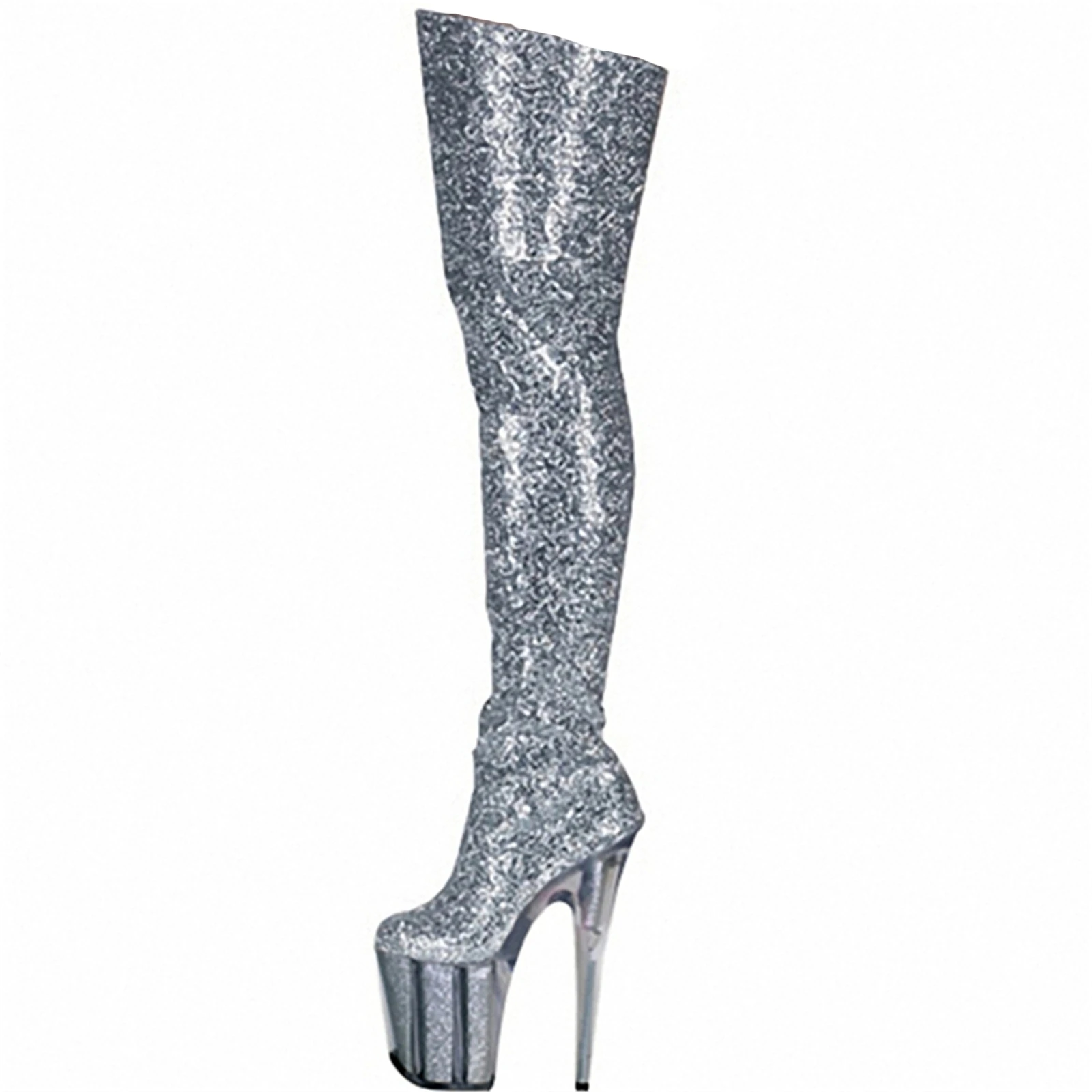 20CM Silver Sequin Over The Knee Boots -Sparkly Stage Performance Stiletto Heels with Platform (Showgirl Disco Party Shoes)