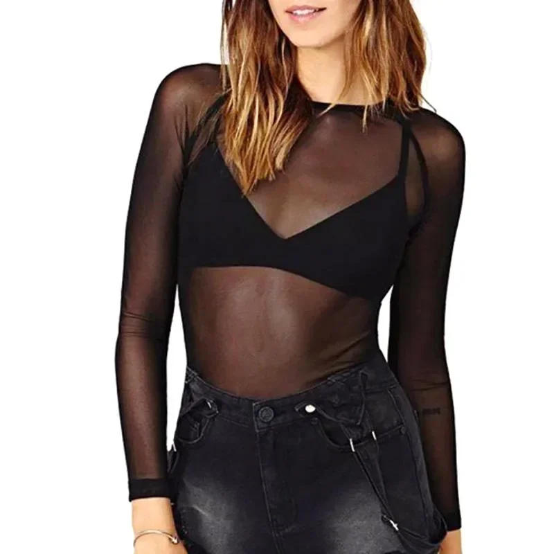 New Black Sexy Women T Shirt See Through Transparent Punk Mesh Tops Long Sleeve Sheer Slim Ladies Solid T-Shirt Lace Crop Top