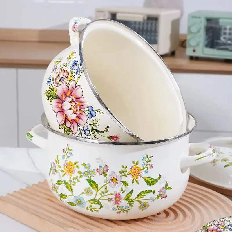 Olla de sopa Binaural esmaltada, lata de aceite de cerdo con tapa, olla de cocina antigua para fideos y carne, tazón esmaltado pequeño con asa