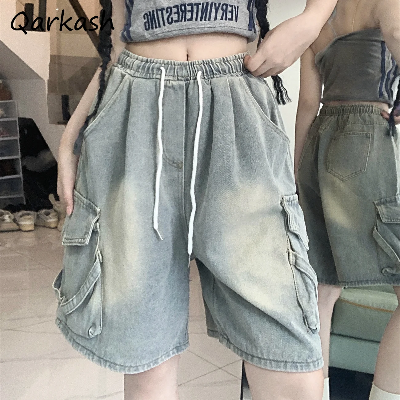 

Shorts Women Elastic Waist Drawstring Oversized Loose Summer European Multiple Pockets Design Cool Girls Straight Denim Trousers