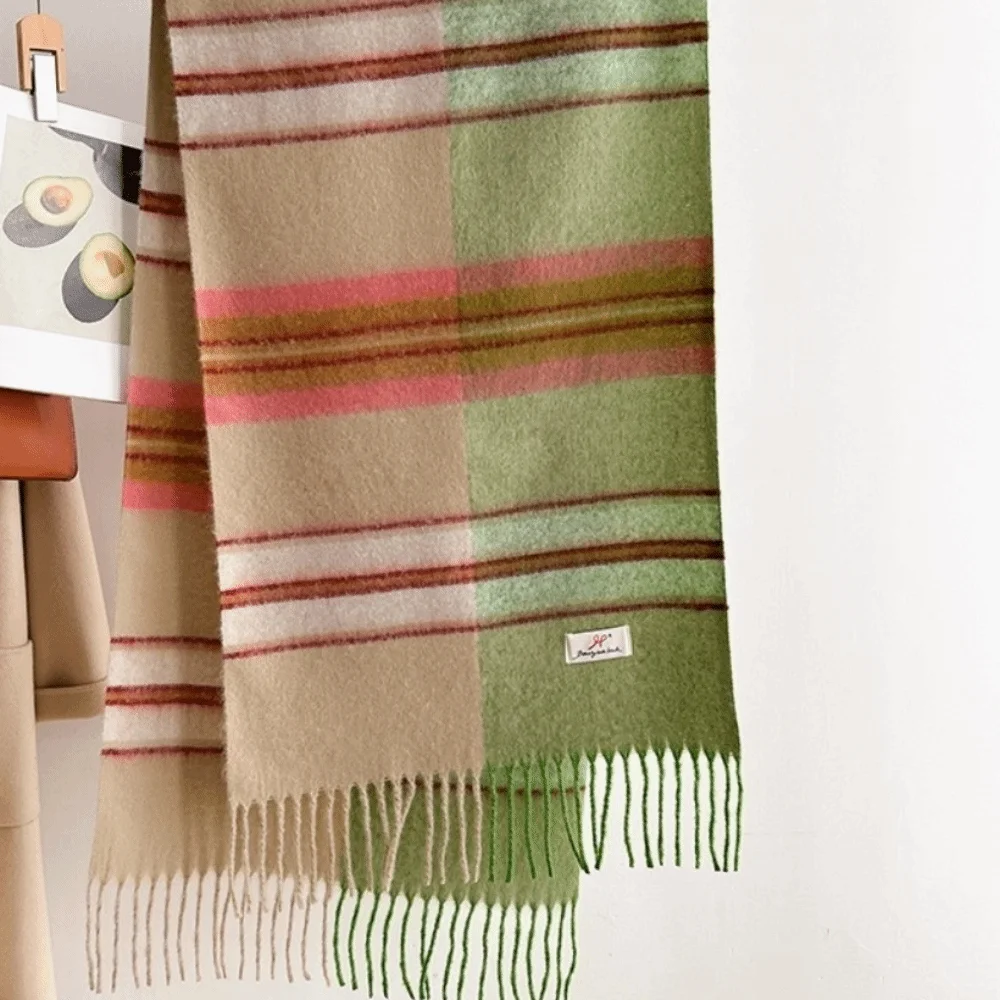 Luxury Soft Faux Cashmere Scarf Classic Tassels Thickened Warm Stripe Shawl Plaid Design Color-Block Wrap Scarf Daily Wear