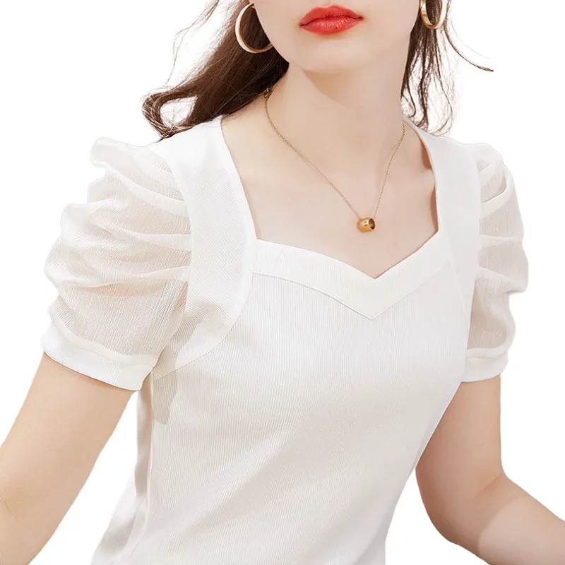 

3X Women Summer Lady Fashion Casual Puff Sleeve Blouses V-Neck Office Solid Color Slim Fit Clothing Tops & Tees 2023 New WY0882