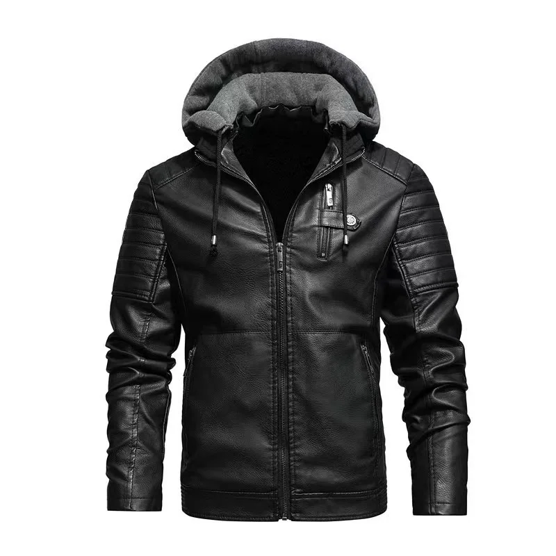 

Male Moto Biker Hooded Luxury Leather Coats Clothing Faux Vintage Outerwear Clothes Hooded Plus Velvet Men PU Leather Jacket