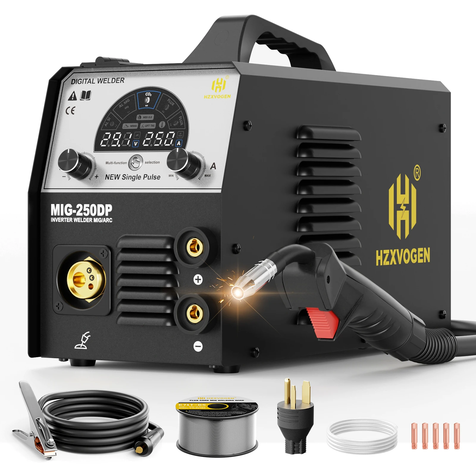 Hzxvogen 110V/220V Igbt 5in1 Mig Welder Pulse Mig250Dp Gas/Gasless Mig Arc Mma Tig Semi-Automatic Led Display Welding Machine for Aluminum
