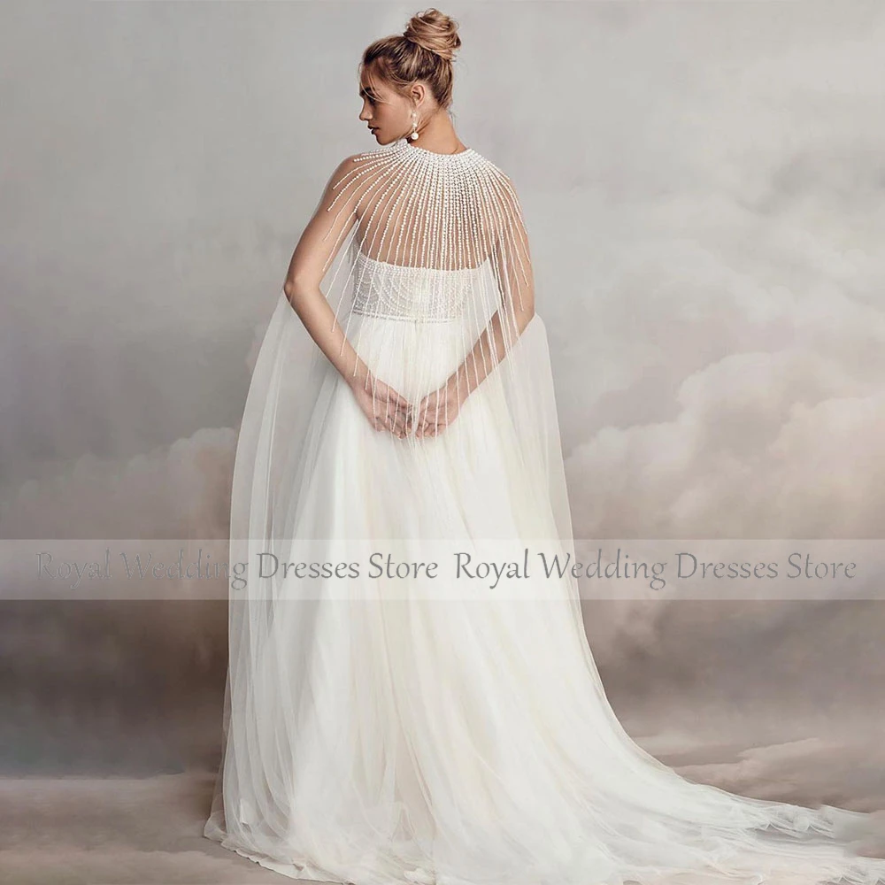 Luxury Wedding Dresses for Bride Pearls Beading Sweetheart A Line  Gowns with Wrap Long Ivory Tulle Backless Bridal Dress