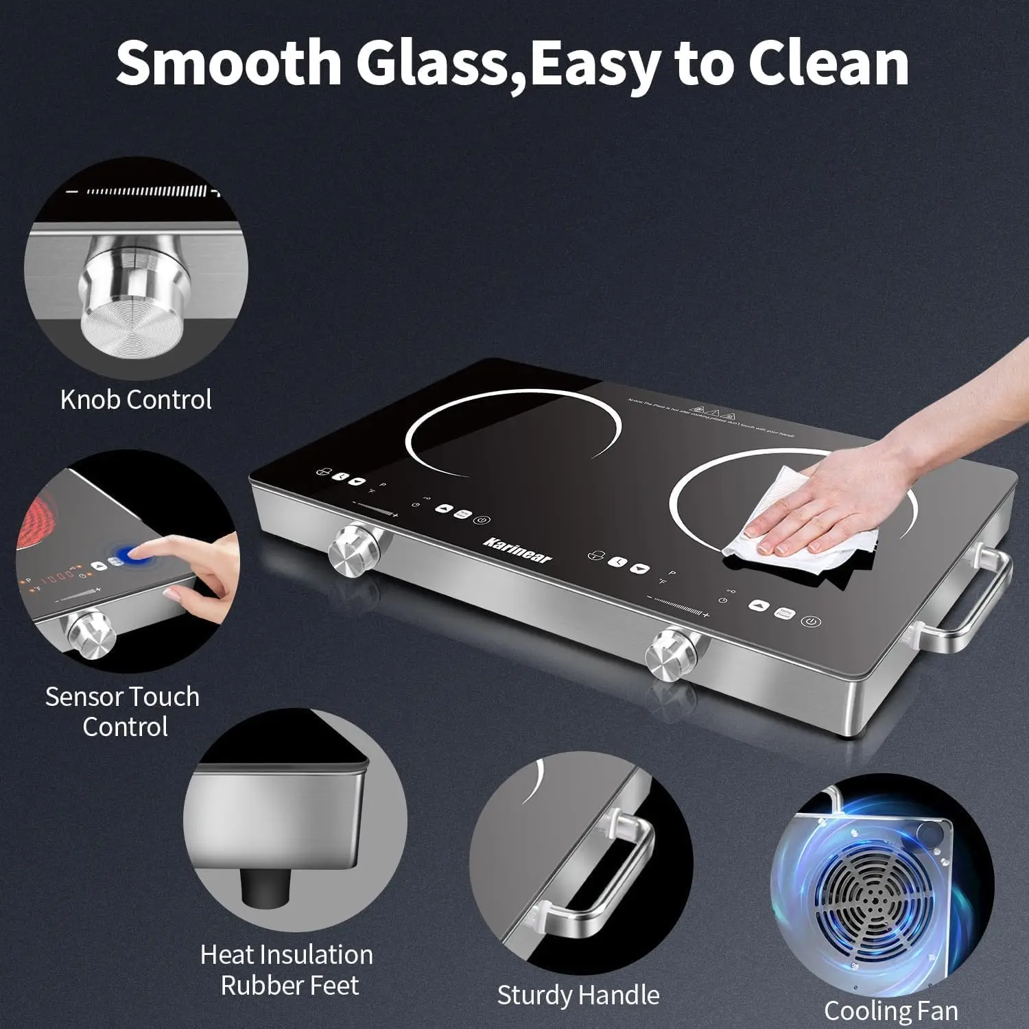 Placa de cerámica Karinear de 2 zonas, placa eléctrica enchufable de 3200 W con cerradura de seguridad, perillas y control táctil, 56 cm Coutertop independiente 240 V