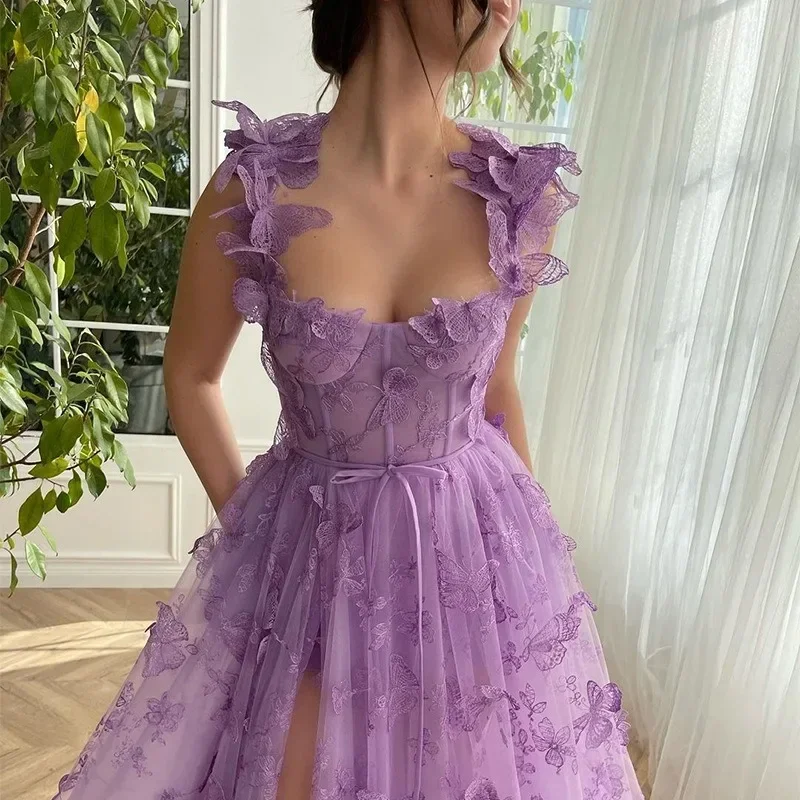 2024 Spring Summer New Women\'s Clothing Tulle Spaghetti Straps Sleeveless High Slit Dress Lace Up Back