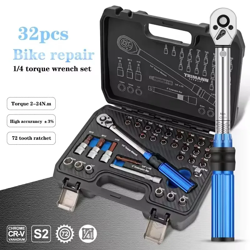 

32PCS 2-24N.m Precise Double Scale Preset 1/4'' Torque Wrench Set for Bicycle Motorcycle Ratchet Repair Socket Spanner Set
