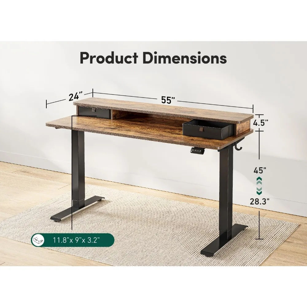 Escritorio de pie eléctrico de altura ajustable con cajón doble, estante de almacenamiento, mesa de pie para sentarse, marrón rústico, escritorio para computadora de oficina