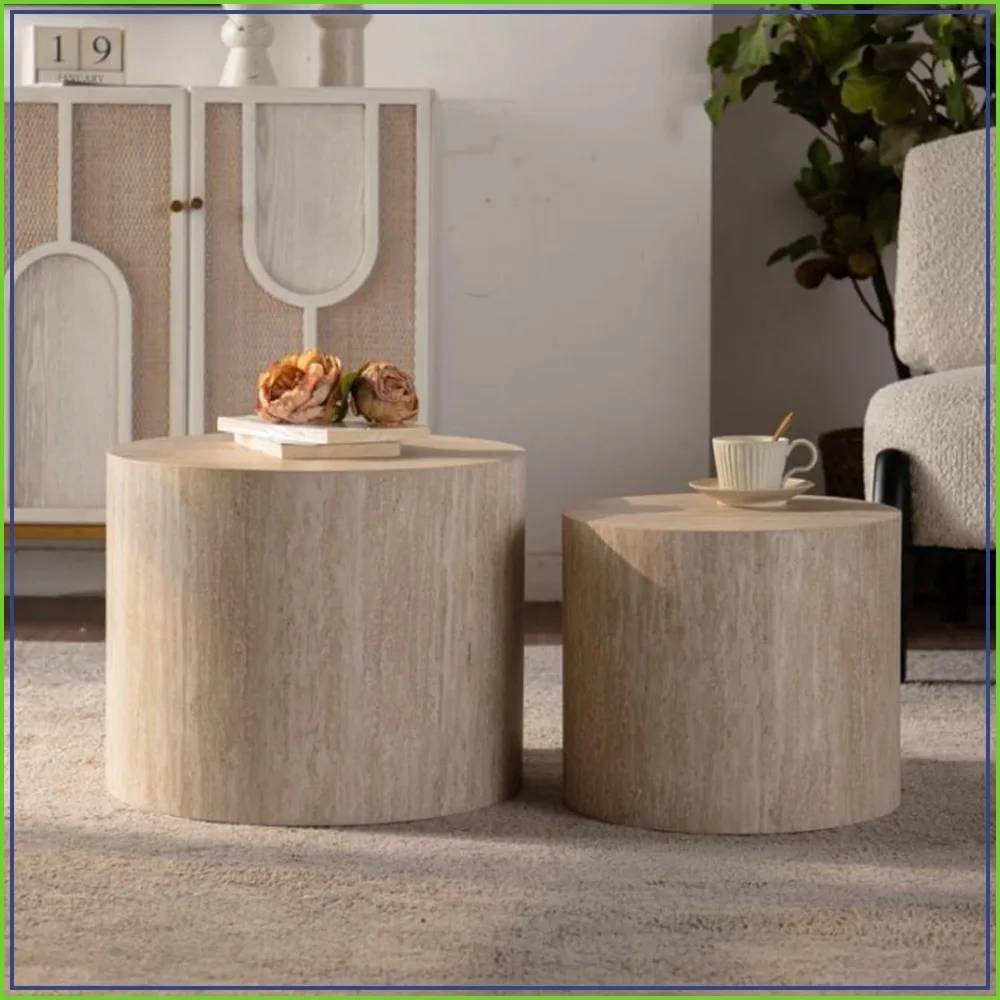 Nesting Coffee Table Set of 2, Modern Round Oak Accent Tables for Small Spaces