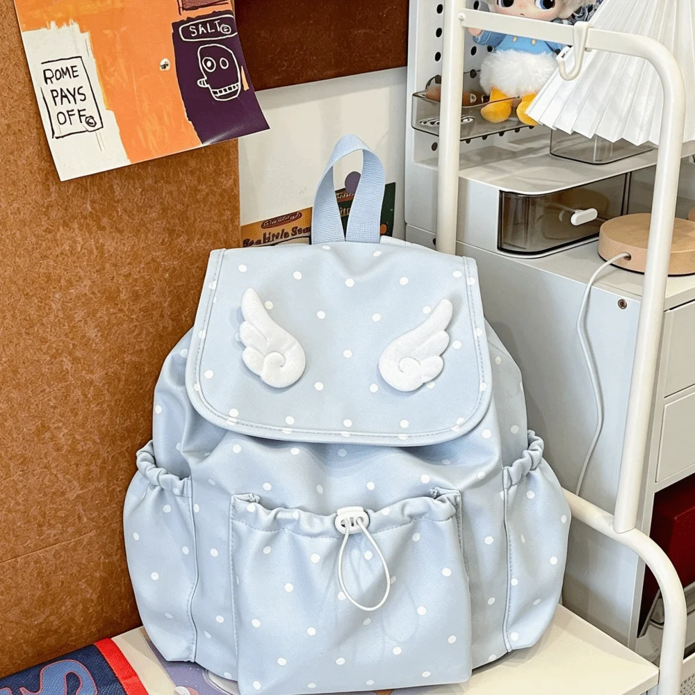 Polka-Dot Print Drawstring Backpack Drawstring Closure Flap Design Flap Backpack Casual Style Angel Wing Decor College Daypack