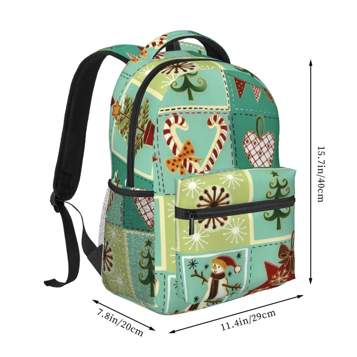 Winter Holiday Print Backpack Grid Christmas Patches Tiles Folk Christmas Teal Green Red Cream Holiday Bookbag for Girls Boys