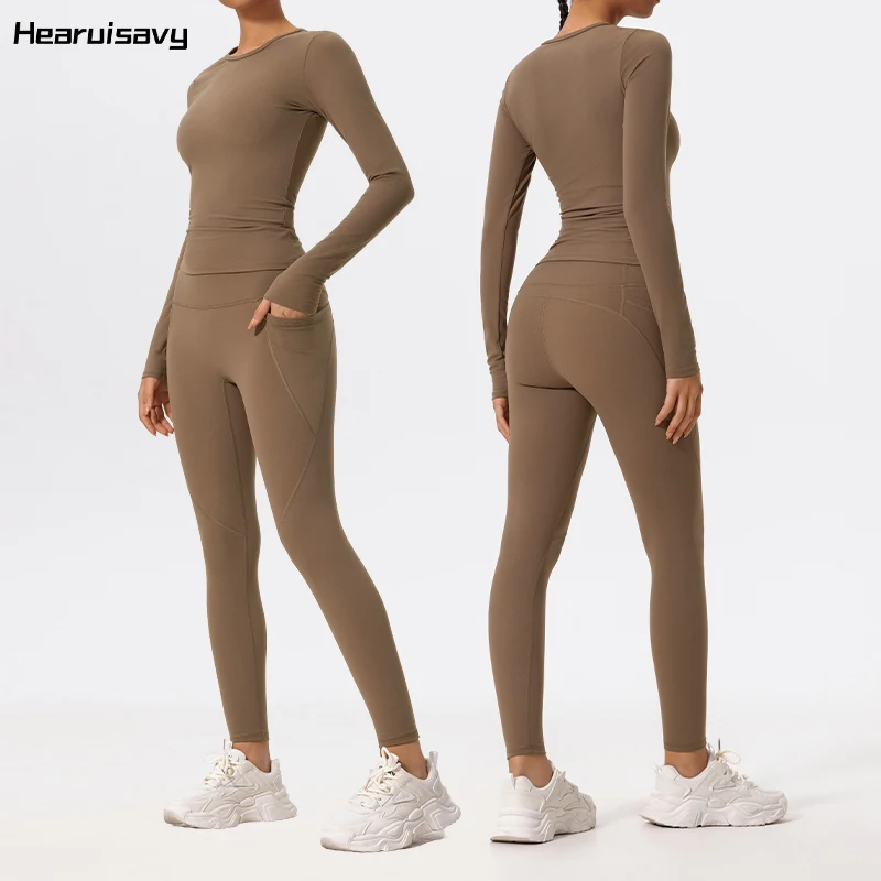 Hearuisavy Ultra-Soft Fabrics 2Pcs Long Sleeve Tight Gym Set Women Quick-Dry Top Yoga Clothes Workout Sports Shirts Suit Women