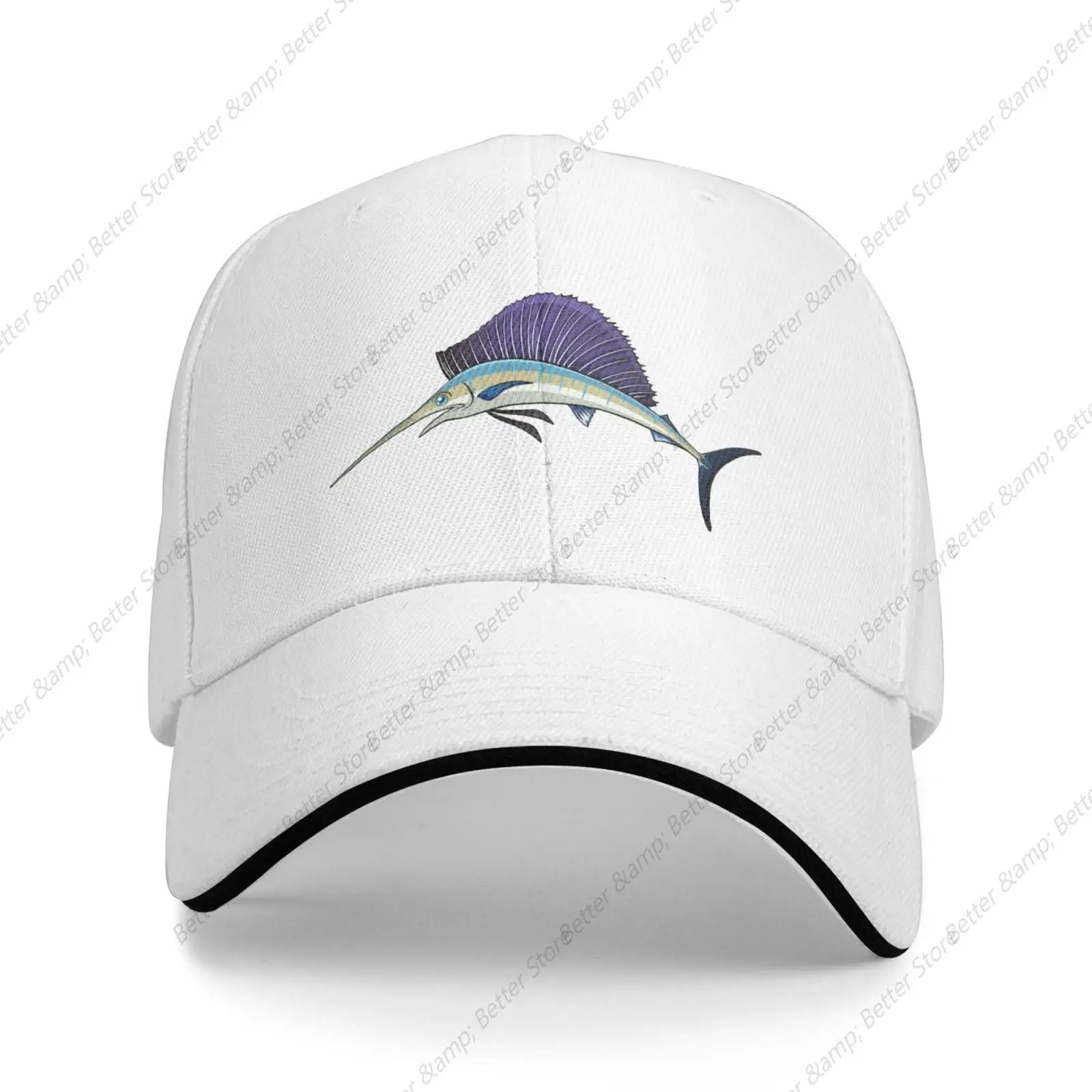 Swordfish Baseball Cap Sandwich Brim Hats for Men Women Adjustable Caps White