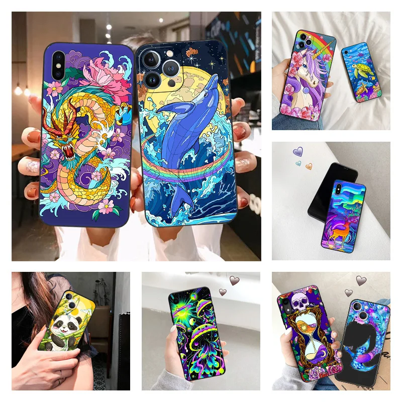 Phone Case for iPhone 16ProMax 14 13 15 Pro 12 11 XR SE 7 8 16 Plus Abstract Hourglass Phoenix Dragon Soft Black Silicone Cover