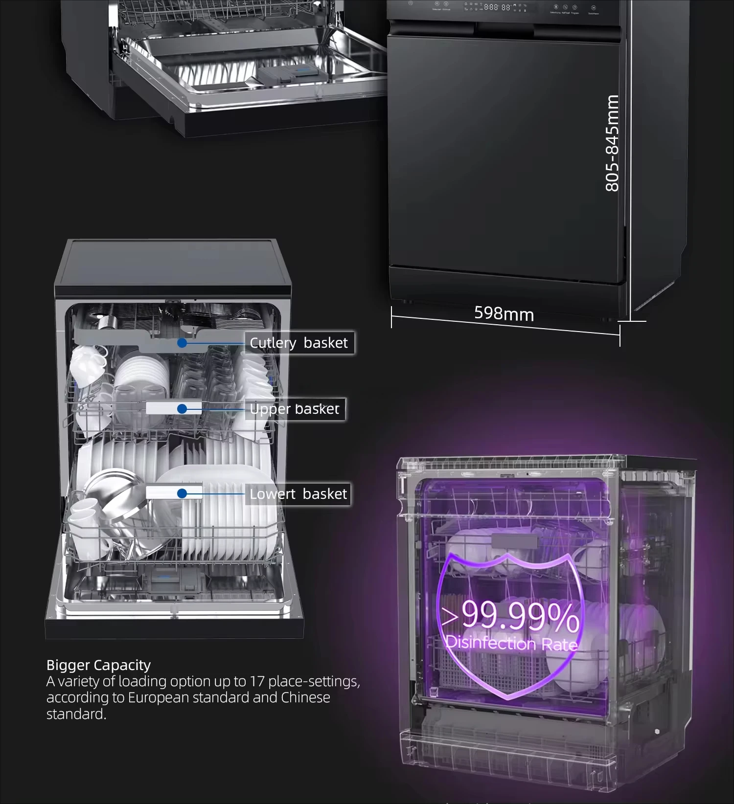 220V Smart Auto Dishwasher Kitchens Build-in Smart 12sets dish washing machine Black Glass High End Washer And Dryer For Home