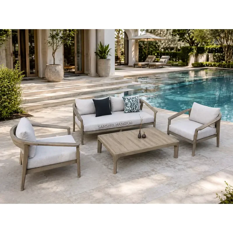 for Waterproof Durable Teak Rattan Outdoor Sofa with Table Set  Garden Terrace Balcony Courtyard