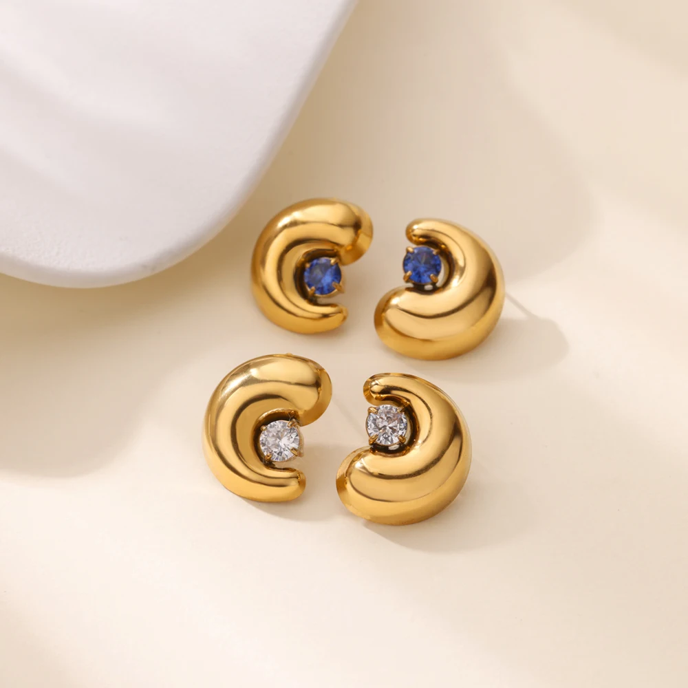 Semicircle Zircon Earrings for Women Gold Color Stainless Steel Earrings 2025 Trend New in Waterproof  Ear Jewelry aretes mujer