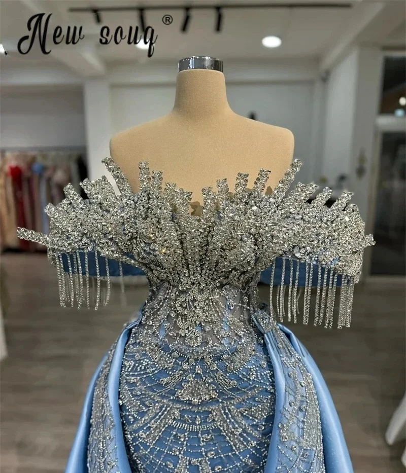 Zwei Stücke Blau Quaste Ballkleider Damen Kleid Mit Überrock Für Hochzeit Party Maßgeschneiderte Dubai Arabisch Perlen Nachtkleider