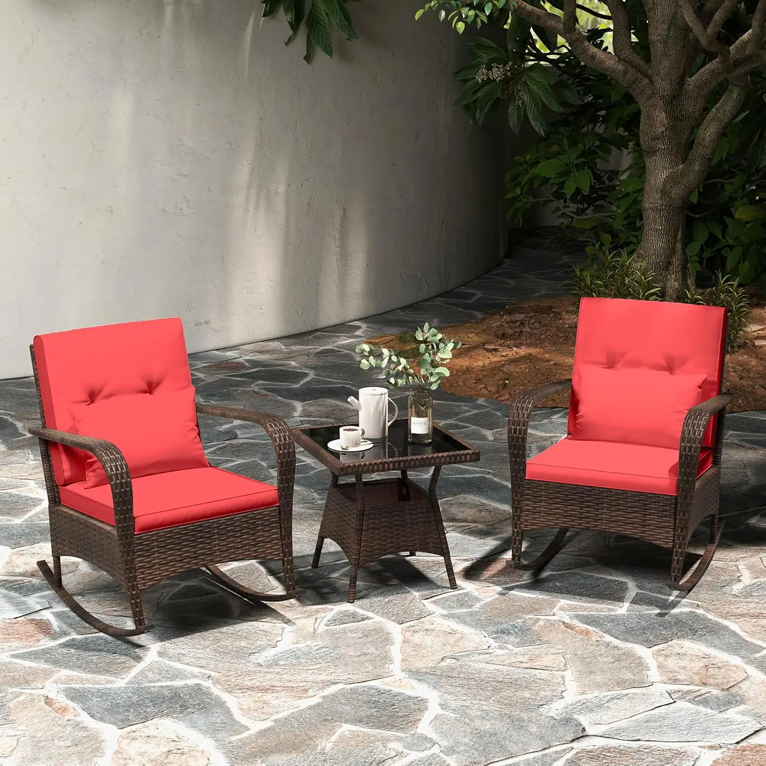 3 Pieces Rocking Bistro Set Patiojoy Outdoor PE Rattan Rocker Chairs with Removable Cushions Tempered Glass Top Coffee Table