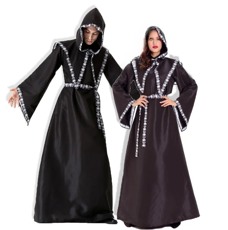 loween Bla Robe Wizard Coppia Abiti Cosplay Costume da strega Bla da donna Abito lungo da mago da uomo Abito da Dio della morte