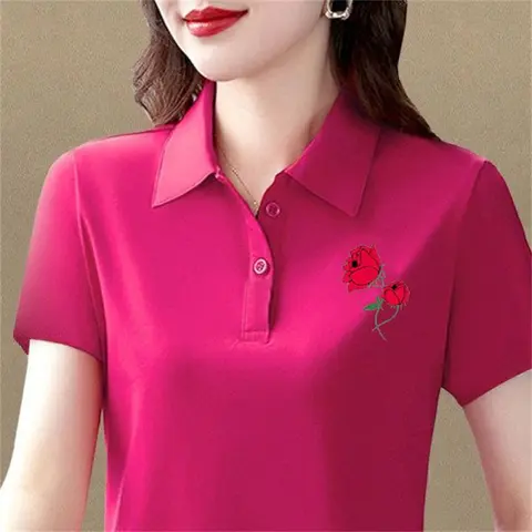 여성용 반팔 꽃 프린트 티, 우아한 폴로 칼라 티셔츠, 캐주얼 슬림 단추 기본 상의, 2024 여름 패션