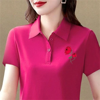 여성용 반팔 꽃 프린트 티, 우아한 폴로 칼라 티셔츠, 캐주얼 슬림 단추 기본 상의, 2024 여름 패션