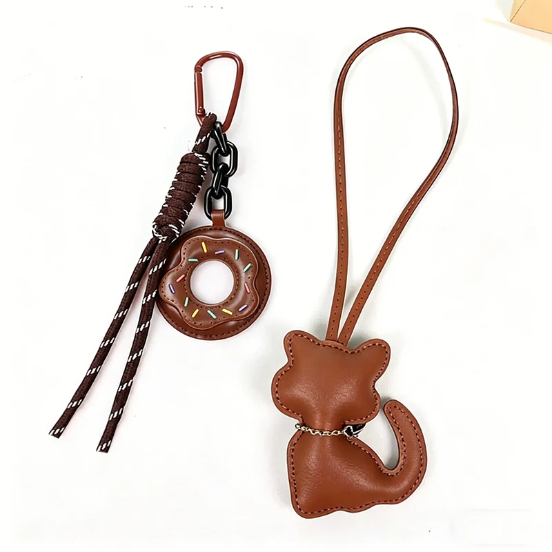 Cute Leather Cat Bag Charm Kawaii Donuts Keychain with Aesthetic Backpack Pendant Gift for Cat Lovers Women Girls