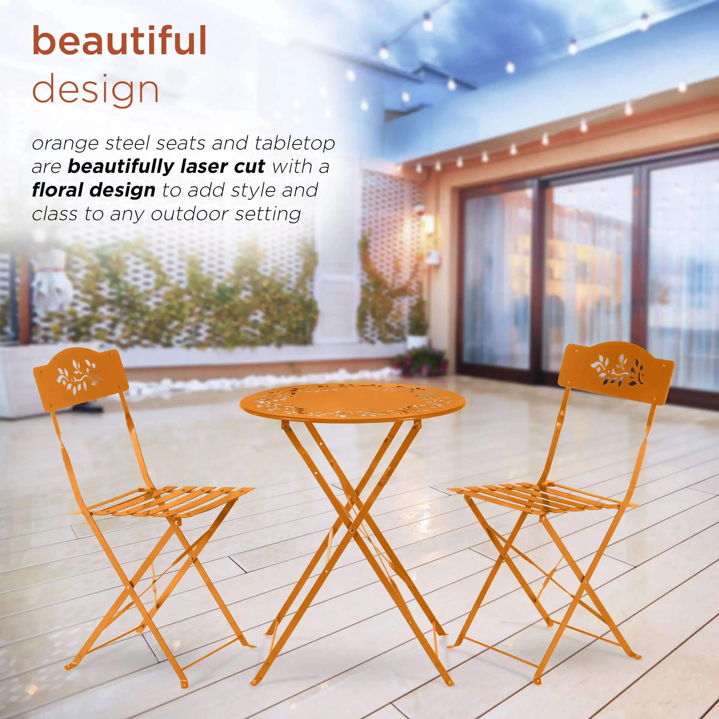 Set teras bunga Bistro, Set 3 potong logam, oranye