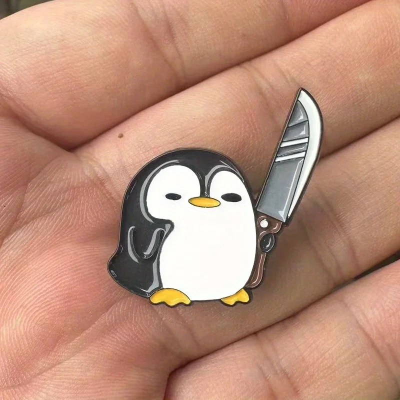 Funny Penguin Holding Big Knife Brooch Pin Badge for Backpacks Hats Unique Gift Accessory view 2