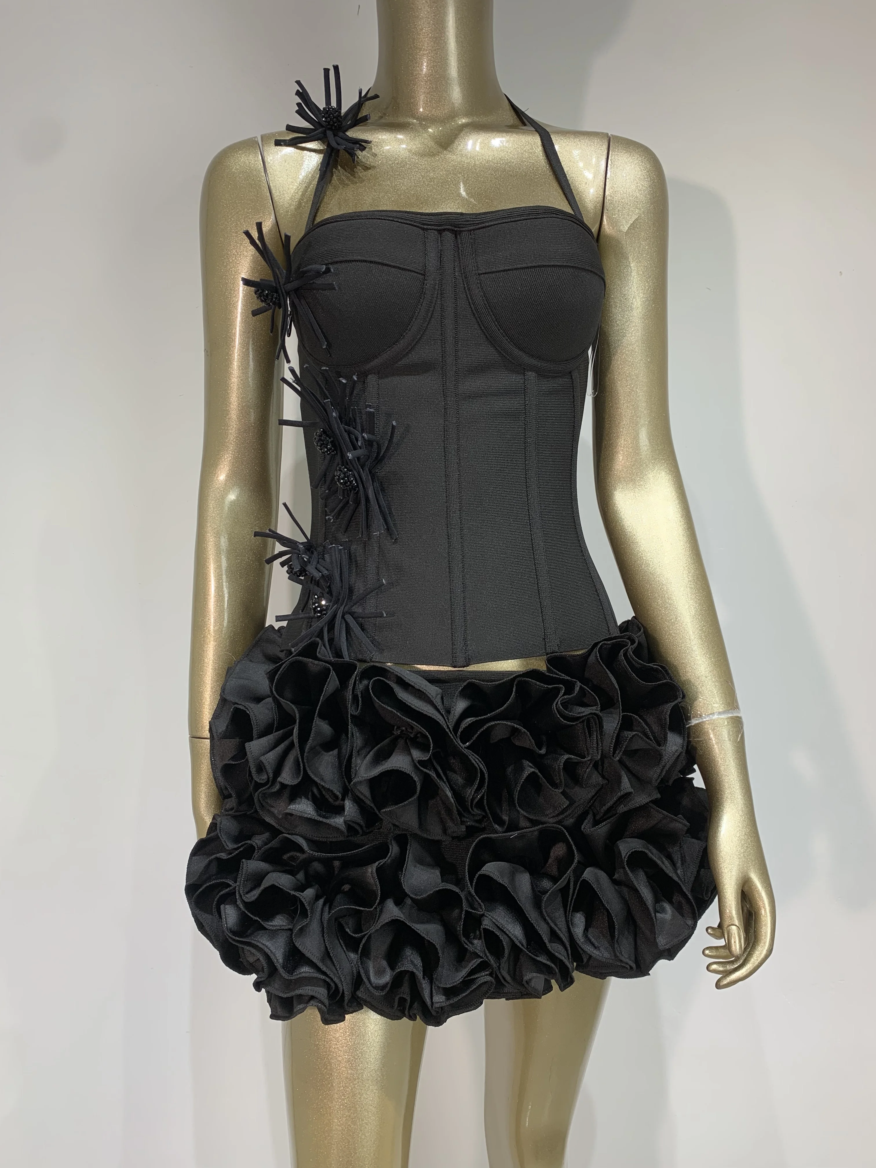 المرأة مثير الرسن عارية الذراعين جلد زهرة سوداء صغيرة قطعتين تنورة ضمادة مجموعة 2025 المشاهير مصمم أزياء المرأة مجموعة #4