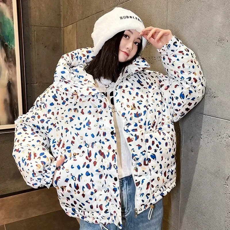 Down Cotton Coat Womens 2023 New Winter Jacket Short Loose Padded Coats Printing Hooded All-match Fashion Korean Bread Jackets