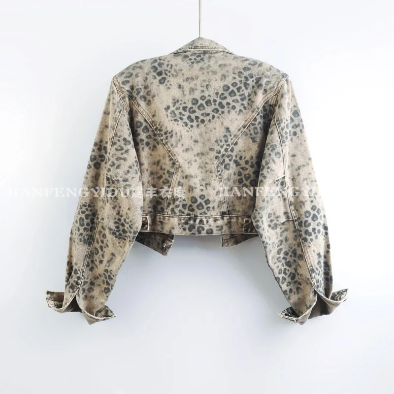 Autumn Fashion Leopard Print Short Denim Jacket Apricot Army Green Gray Women Casual Lapel Single-Breasted Long Sleeve Jean Coat