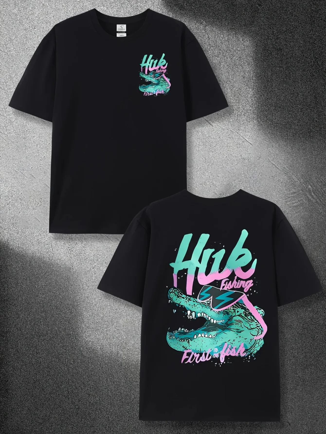 

HUK Men's Double-Sided Crocodile Graphic T-Shirt Cotton Loose Outdoor Fishing Shirt with Teal Pink All Over Print Breathable