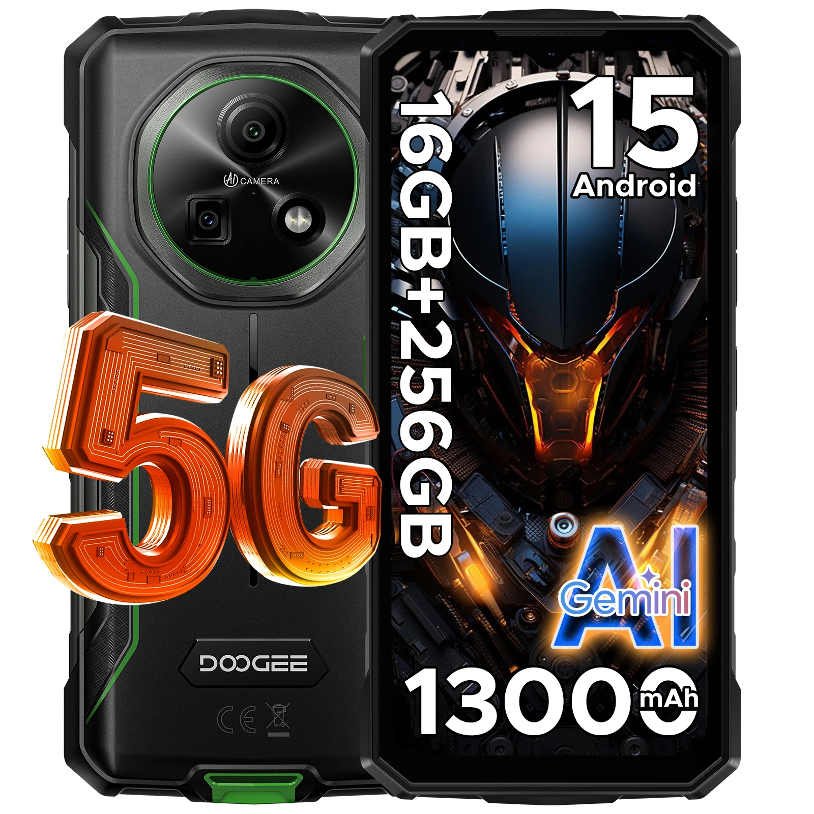 Robuuste telefoon DOOGEE Fire 7 5G Gemini AI 16 Go (4 + 12) 256 Go batterij mAh afmeting Smartphone