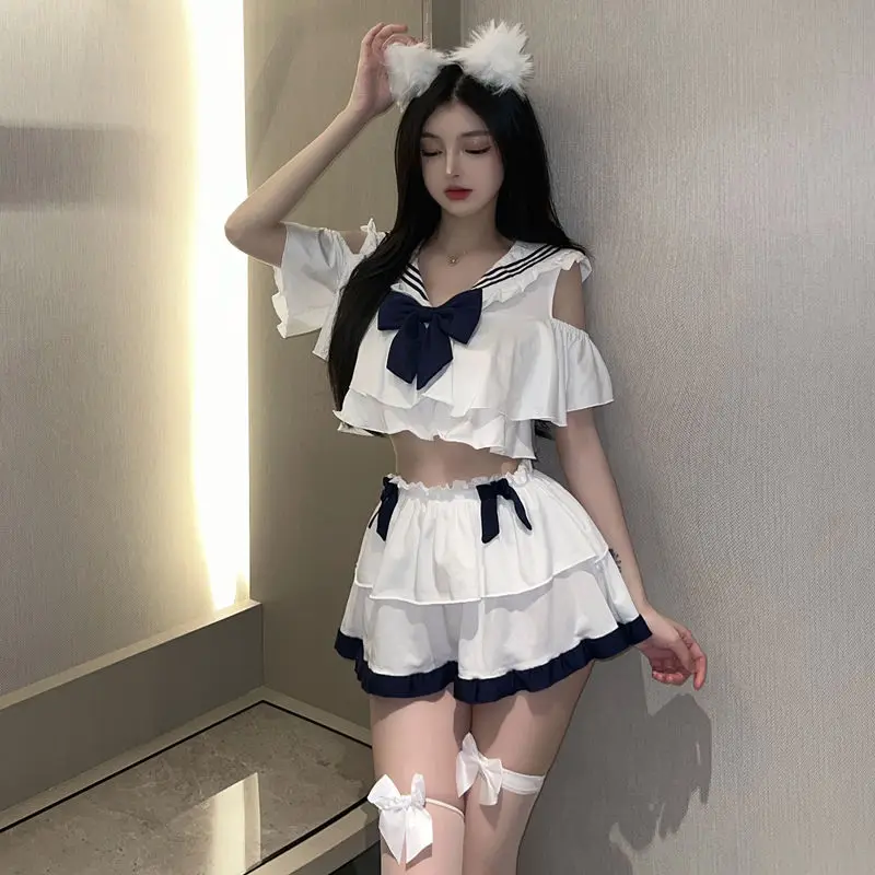 Sexy Lingerie Sailor Suit Academic Style White Shirt Hollow Design Fluffy Hemline Bow Trim Collocation Silk Stockings Gift