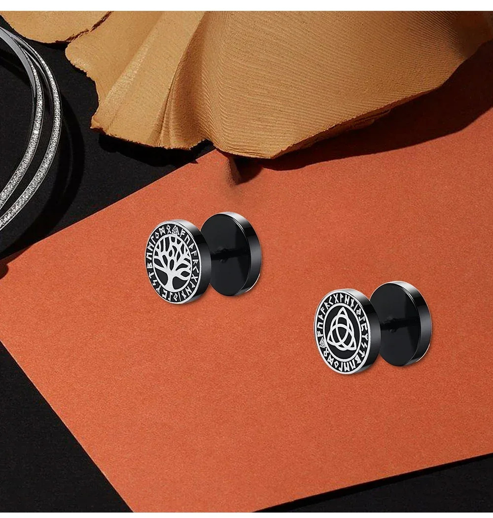 Gothic Norse Viking Runes Stud Earrings for Men Boys,Rock Punk Stainless Steel Valknut Wolf Head Compass Celtic Knot Earrings