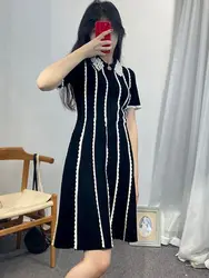 Women Striped Spliced Dress Color Contrast Turn-down Collar Zipper Short Sleeve A-Line Sweet Knitted Mini Robe