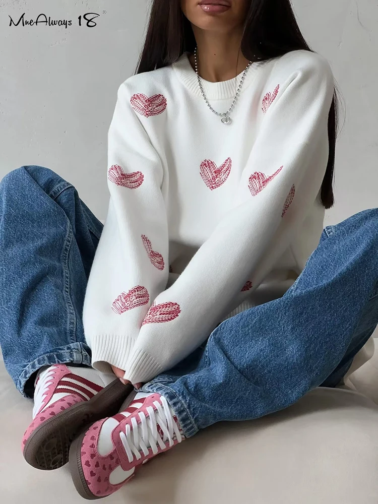 Mnealways18 Printing Heart Knitwear Sweater Oversize Women Round Neck Pullover Tops Winter 2024 Casual Printing Elegant Sweaters